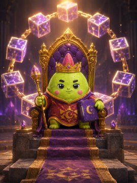 The main focus of this image is a green frog sitting on a throne, wearing a crown and holding a book. The frog appears to be the ruler or king of the scene. The image also features purple cubes surrounding the frog, which could represent a castle-like setting. This artistic representation creates an interesting visual story that connects with the post about community building in crypto projects. The main factor behind a lasting community is fostering a sense of belonging and encouraging users to stay engaged by offering incentives or rewards for their participation. In this image, the green frog represents the leader who holds the book, symbolizing knowledge and power, while the purple cubes surrounding him signify the castle-like setting that represents stability and unity within the community.