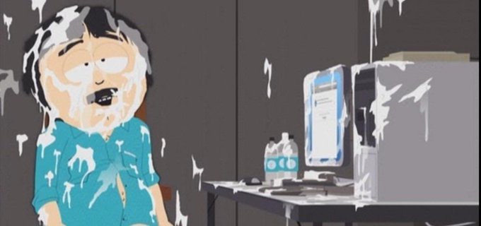 The image shows a cartoon character covered in white foam or slime, sitting in front of a computer monitor with two water bottles on the desk. The caption "When I saw this…" pairs comically with the character's shocked, foam-covered expression, suggesting the meme humorously reacts to a shocking or disturbing website or online content.