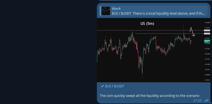 A Telegram message from 'Mark' showing a '$US / $USDT' trading chart with the note 'There is a local liquidity level above, and if th...' and 'The coin quickly swept all the liquidity according to the scenario' at 21:53.
