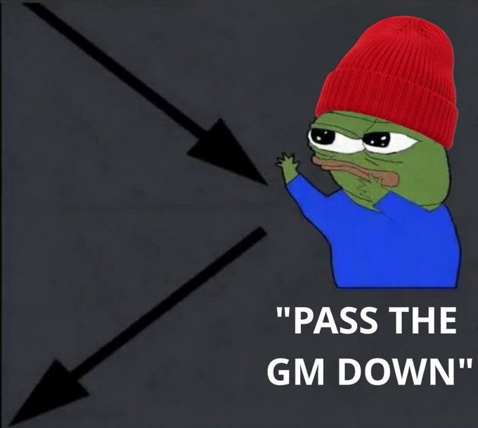 The image features a cartoon frog wearing a red knit hat, with its arms outstretched as if trying to reach something or someone. Below the frog's head, there are two black arrows pointing downwards, creating an interesting visual effect. The text "pass the GM down" is written below the arrows, which seems to be a reference to the popular cartoon character, Spongebob Squarepants.