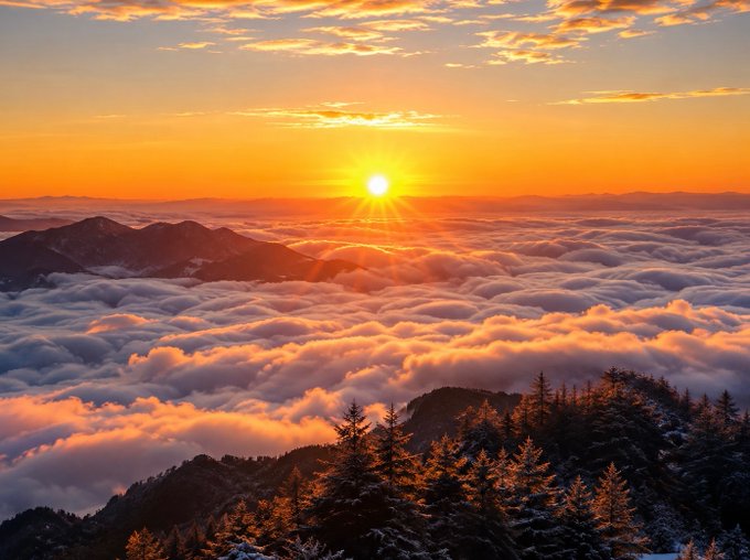 A vibrant landscape photograph capturing a bright sun rising or setting over a vast sea of clouds, with silhouetted mountain peaks and snow-dusted pine trees in the foreground.