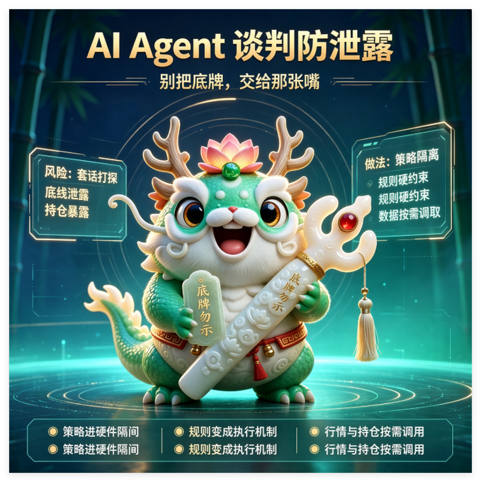 A Chinese-language infographic titled "AI Agent 谈判防泄露" featuring a cute dragon-like mascot holding a scroll, listing risks and strategic isolations.