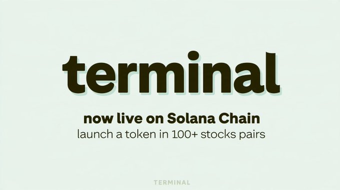 A promotional graphic featuring the word "terminal" in large bold lettering with the text "now live on Solana Chain — launch a token in 100+ stocks pairs," announcing the platform's expansion to the Solana blockchain for multi-stock token launches.