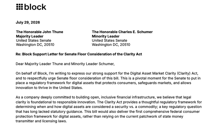 The image shows a July 29, 2026 letter from Block (Jack Dorsey's company) addressed to Senate Majority Leader John Thune and Minority Leader Charles E. Schumer, urging Senate floor consideration of the Digital Asset Market Clarity Act. The letter excerpt, which aligns with the accompanying post, advocates for regulatory clarity on digital assets and argues that non-custodial service providers should not be classified as money transmitters.