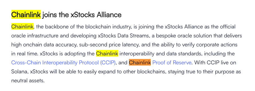 An announcement titled "Chainlink joins the xStocks Alliance," with text about Chainlink becoming the official oracle infrastructure and developing xStocks Data Streams using CCIP and Proof of Reserve.