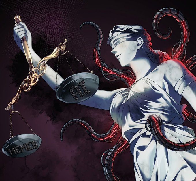 A digital artwork depicts a blindfolded statue of Lady Justice holding scales with pans labeled 'ART' and 'MEMES', while black and red tentacles wrap around her.