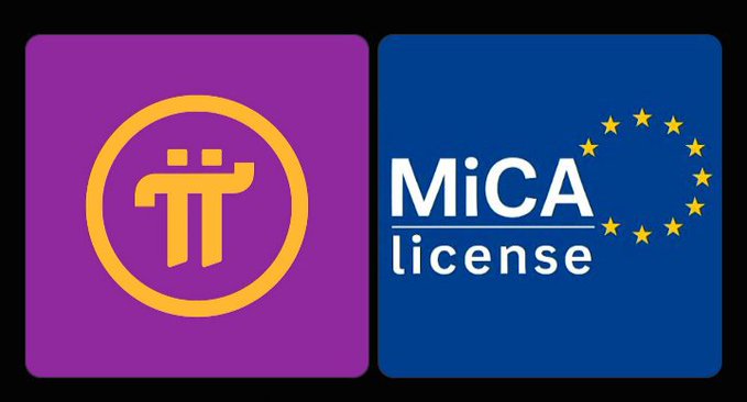 Two square icons are displayed side-by-side: a purple Pi Network logo on the left and a blue "MiCA license" badge with the EU stars on the right.