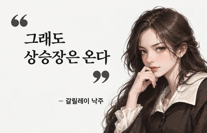 The image shows a stylized illustration of a young woman with long dark hair resting her chin on her hand, alongside a Korean quote that translates to "Even so, the bull market comes." The quote is attributed to "Galileo Nokju" (갈릴레오 낙주).

The image and accompanying post deliver the same bullish message: regardless of warnings about upcoming corrections, the market ultimately rallies higher, encouraging viewers to buy on dips.