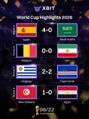 The image features a poster for World Cup Highlights 2016, which displays the names of six different countries along with their flags. The poster also includes information about the XBIT coin and its value. The focus on this content suggests that the poster is promoting an investment in the XBIT coin or possibly related to the World Cup highlights event.