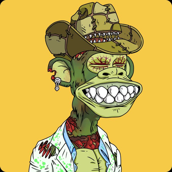 A cartoon illustration of a green, zombie-like ape wearing a stitched hat and a blood-stained lab coat against a yellow background.