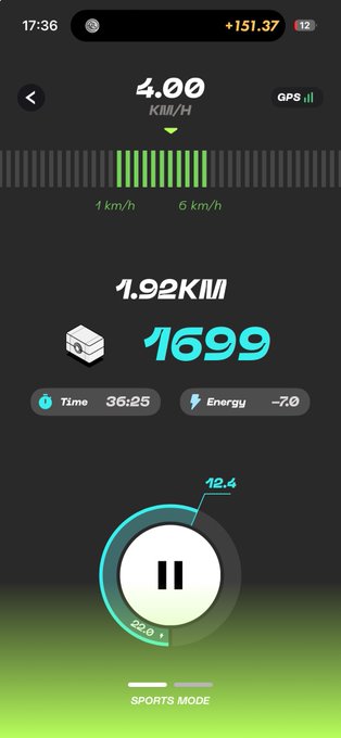 iphone screen displays a fitness tracking app with a black background, green and white icons for steps taken, calories burned, and distance traveled.