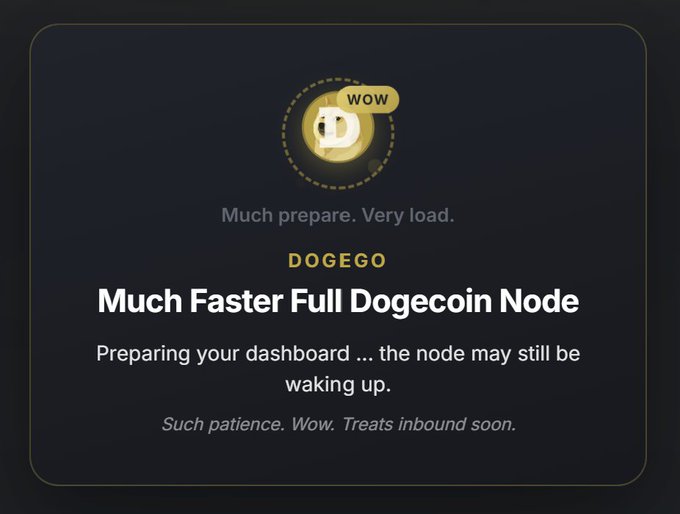 A loading screen for DOGEGO's "Much Faster Full Dogecoin Node" service features a Dogecoin logo with the text "wow" in a speech bubble and the playful tagline "Much prepare. Very load." The meme-style loading message relates directly to the post by humorously promoting Dogecoin-themed infrastructure, reinforcing the DOGE ticker with a lighthearted take on node setup status.