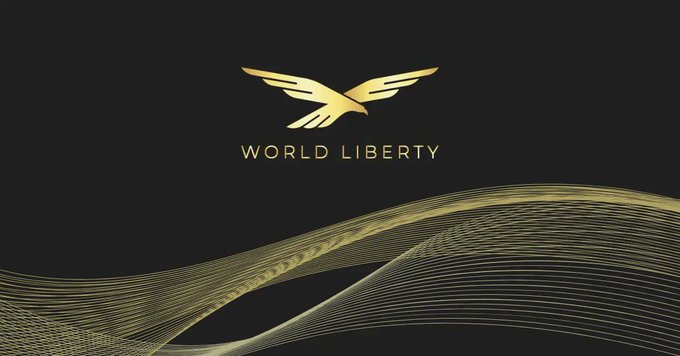 The image features a black background with gold lines that create a wave-like pattern. The text "World Liberty" is written above this pattern, which is part of an advertisement for World Liberty Financial. The company's logo, featuring a bird in flight, is also present on the image.