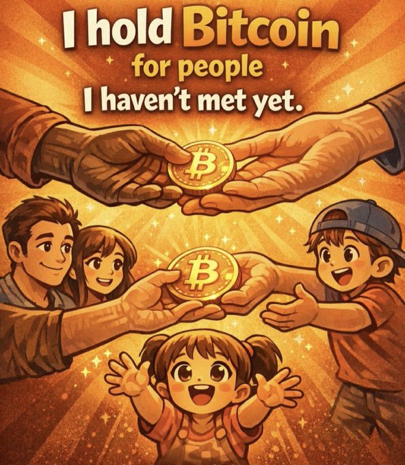 An illustrated warm-toned artwork shows hands passing glowing Bitcoin coins between people with the text 'I hold Bitcoin for people I haven't met yet.'
