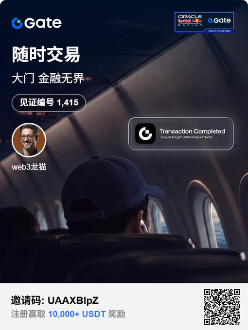 A Gate promotional image showing witness number #1415 with a "Transaction Completed" notification for 1500 shares of Redbi, featuring the Gate and "Oracle Build Racing" logos at the top, and an invitation code "UAAXBipZ" offering 10,000+ USDT rewards at the bottom. The image aligns with the post about claiming a witness number on Gate during their "One Gate" evolution event, with the user being web3龙猫 at number 1415.