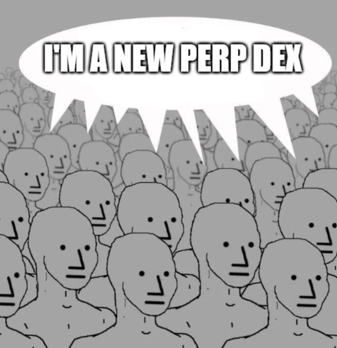 A minimalist cartoon showing a crowd of identical grey faces, with one exclaiming 'I'M A NEW PERP DEX' in a speech bubble.