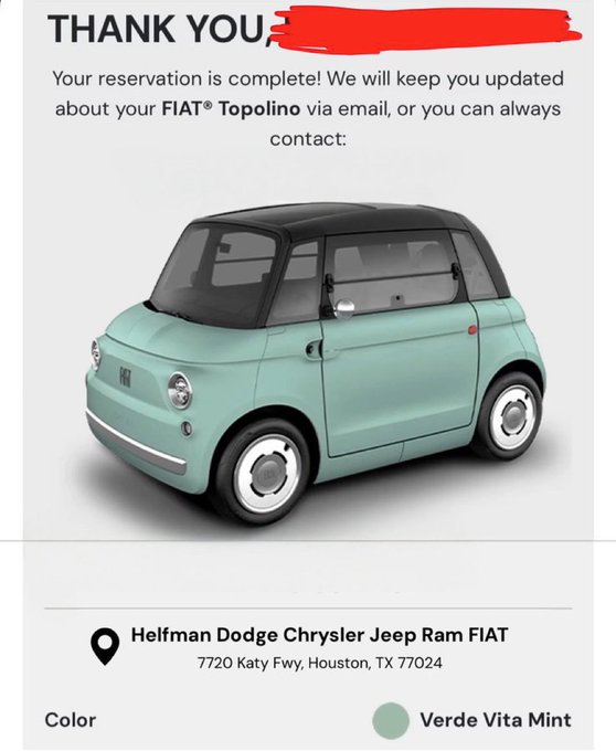 A reservation confirmation for a FIAT Topolino in Verde Vita Mint from Helfman Dodge Chrysler Jeep Ram FIAT in Houston, TX, posted with the caption celebrating the milestone of buying a dream car after years in crypto.