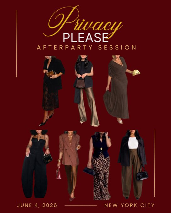 The image features a poster for an after party session that includes six different outfits of women wearing dresses and pants. The poster also has a message about privacy, which could be related to the event or the dress code.