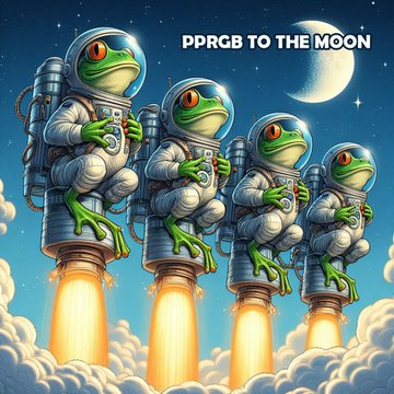 An illustrated meme-style image shows frogs in astronaut suits riding rocket flames upward toward the moon, with text reading 'PPRGB TO THE MOON'.