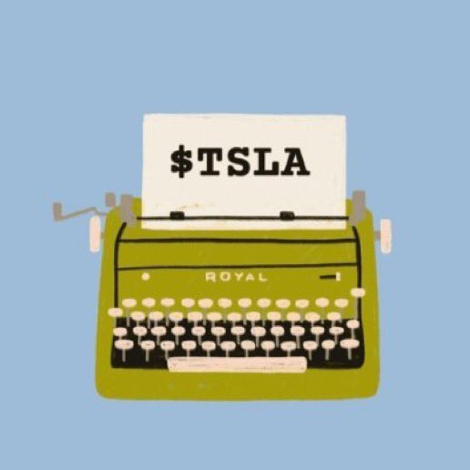 An illustration of a green Royal typewriter with '$TSLA' typed on the paper against a blue background.