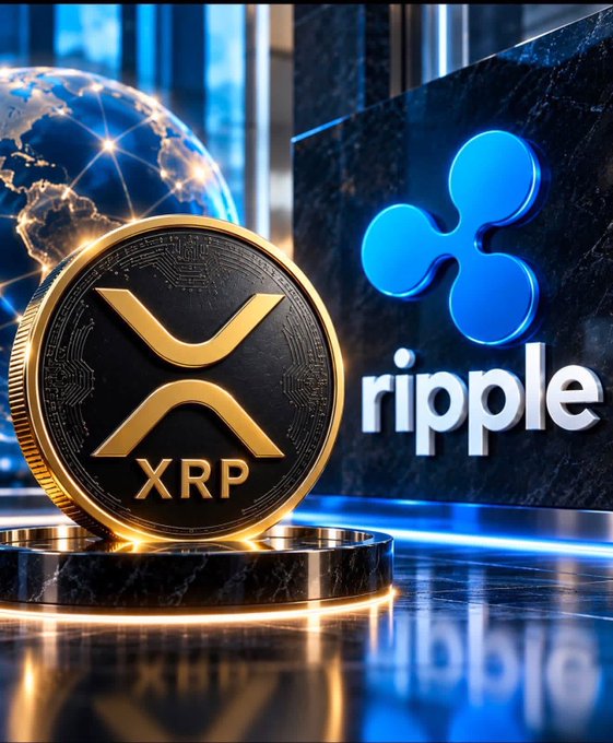 A 3D-rendered image showing a gold XRP coin next to the blue Ripple logo, with a stylized globe in the background.