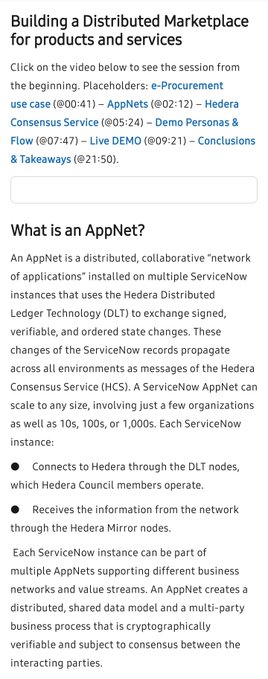 A webpage excerpt titled 'Building a Distributed Marketplace for products and services' explains what an AppNet is, detailing ServiceNow instances connecting through Hedera Distributed Ledger Technology (DLT) and Hedera Mirror nodes.