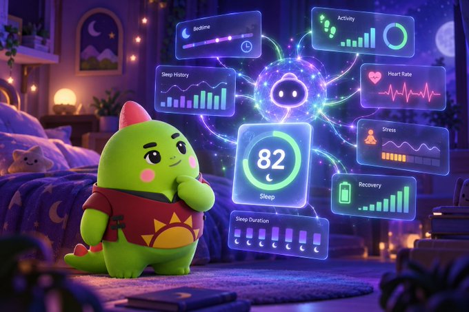 An animated green dinosaur character stands in a cozy bedroom alongside floating holographic displays showing various health metrics including 'Bedtime', 'Sleep History', 'Heart Rate', 'Stress', 'Recovery', 'Activity', 'Sleep Duration', and a sleep score of '82'.