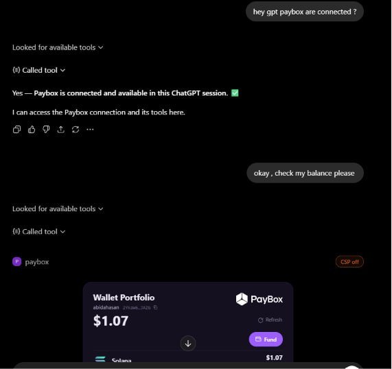 A ChatGPT conversation shows a user confirming their Paybox by Moonpay connection is active and then quickly checking their wallet balance, which displays $1.07 on the Solana network—demonstrating the seamless AI-powered crypto UX the post celebrates.