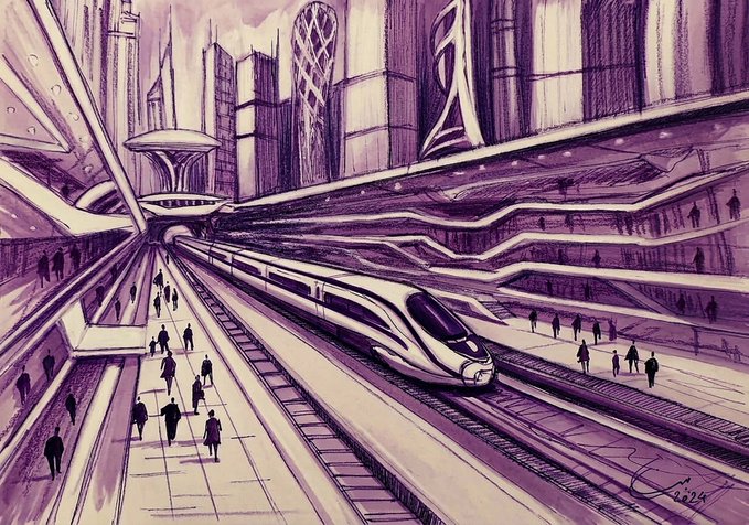 A purple-toned hand-drawn sketch of a futuristic city featuring a sleek high-speed train at a modern station platform with skyscrapers in the background.