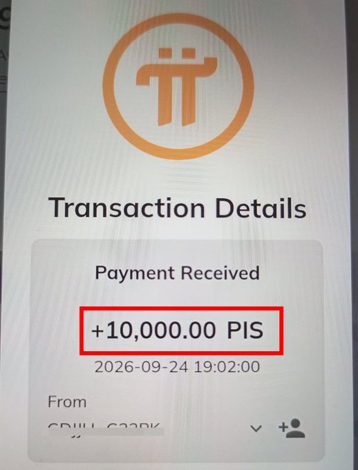 A screenshot of a Pi Network transaction confirmation showing "+10,000.00 PIS" (highlighted in red) credited as "Payment Received" on 2026-09-24 at 19:02:00, visually confirming the receipt of 10,000 PIS test tokens from the PISCHOOL community project as mentioned in the post.