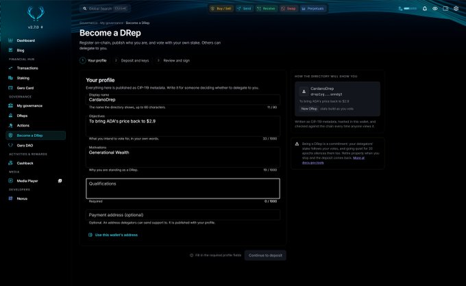 A screenshot of the Cardano 'Become a DRep' registration form shows the user 'CaralamDrep' inputting the delegation phrase 'To bring ADA's price back to $2.9' and their qualifications.