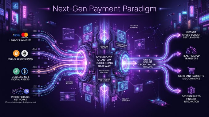 A futuristic infographic titled 'Next-Gen Payment Paradigm' depicting a cyberpunk quantum processing gateway connecting legacy payments, public blockchains, stablecoins, and digital assets to real-time P2P transfers, merchant payments, and decentralized finance integration.