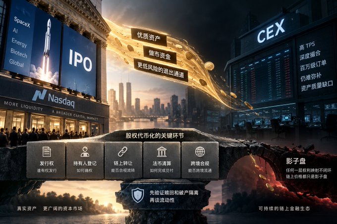 A Chinese financial infographic showing IPO and Nasdaq themes, featuring sections on '优质资产', '做市资金', and stock market coin imagery with CEX/space-themed graphics.