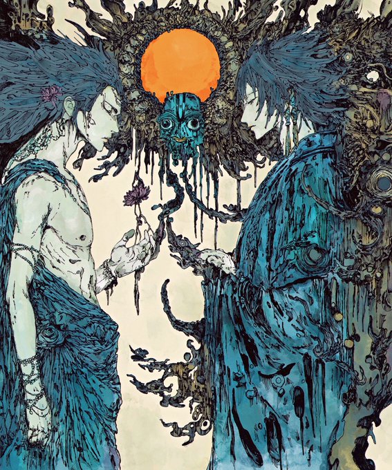 A detailed ink and watercolor artwork in teal, blue, and orange tones, depicting two mythological figures facing each other—one seemingly human holding a flower, the other a ghostly, melting apparition—beneath an orange sun.