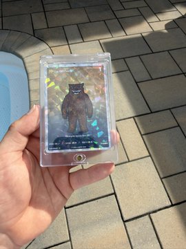 A hand holds a holographic trading card featuring a furry character in a brown robe, displayed outdoors on a paved surface in a protective plastic case.