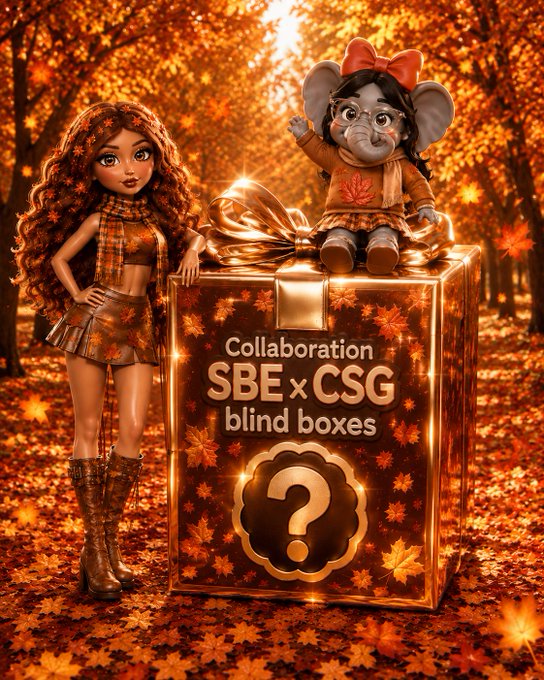 A promotional graphic for 'Collaboration SBE x CSG blind boxes' featuring a stylized doll with curly hair and a plush elephant toy sitting on a gift box with a question mark, set in an autumn forest.