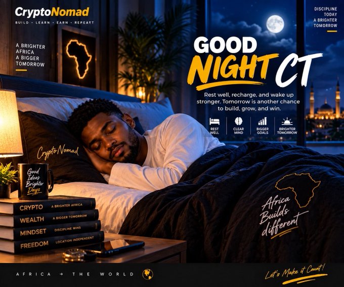 A motivational graphic featuring a man sleeping peacefully in bed, branded with "CryptoNomad" and slogans like "GOOD NIGHT CT," "Africa Builds Different," and "Africa + The World," alongside motivational phrases including "Discipline Today, A Brighter Tomorrow."