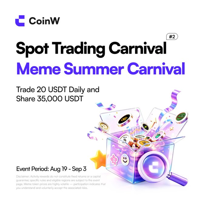 CoinW's "Meme Summer Carnival" promo invites users to trade 20 USDT daily in meme tokens (Aug 19–Sep 3) to share a 35,000 USDT reward pool, aligning with the post's call for traders to share their top meme picks.
