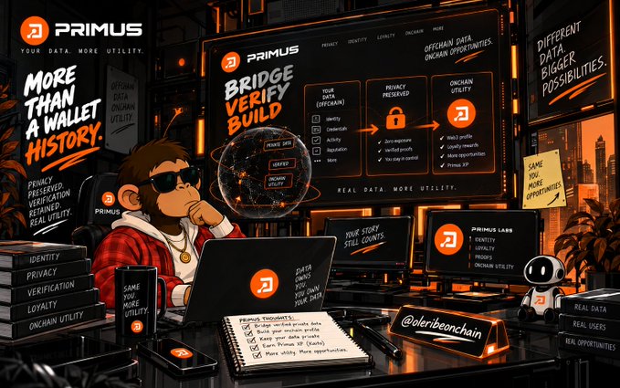 A promotional graphic for Primus branding it as 'MORE THAN A WALLET. HISTORY.' featuring a cartoon monkey character working on a laptop alongside tags like 'BRIDGE', 'VERIFY', 'BUILD', and 'REAL DATA MORE UTILITY.', with the handle @olcribonchain visible.