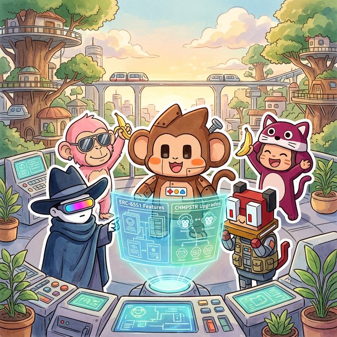 A colorful illustration of cartoon animal characters (monkey, cat, and others) gathered around a holographic display showing 'ERC-6551 Features' and 'CHMPSTR Upgrades' in a futuristic treehouse city setting.