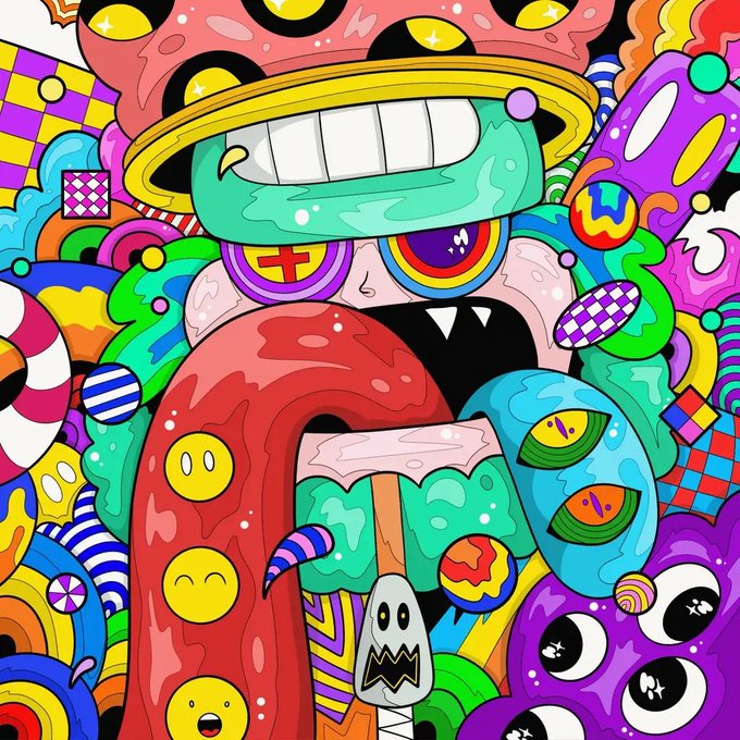 A vibrant, chaotic piece of colorful doodle art features a wide array of cartoonish characters, eyes, and abstract shapes in bright primary colors.
