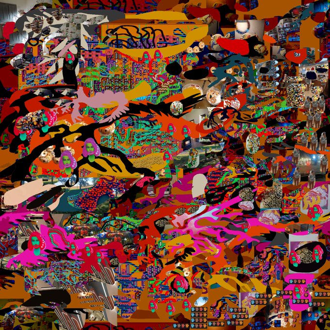 A chaotic, maximalist digital collage bursts with vibrant neon pinks, oranges, and yellows, featuring abstract patterns, distorted faces, and intricate layered imagery that mirrors the frenetic, psychedelic aesthetic of a Sims 4 avatar tribute. The dense visual chaos aligns with the post's description of "ruben tokens" as an artistic homage, presented as a SuperRare NFT artwork.