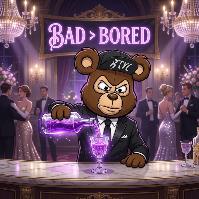 An animated bear bartender wearing a 'BTC' cap pours a glowing purple drink at an upscale bar with a neon 'BAD > BORED' sign overhead.