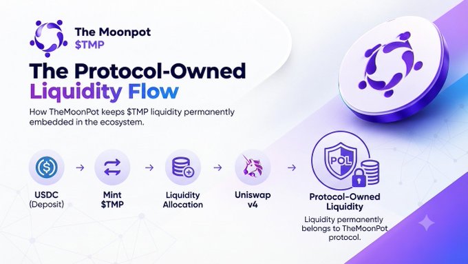 An infographic titled 'The Protocol-Owned Liquidity Flow' by The Moonpot ($TMP) showing a flow from USDC deposit to Mint $TMP, Liquidity Allocation, Uniswap v4, and finally Protocol-Owned Liquidity.
