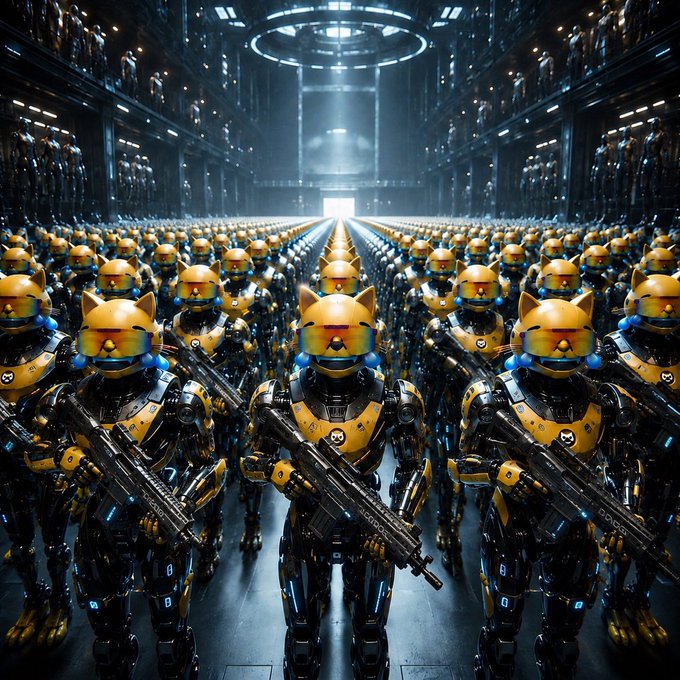A futuristic scene depicting rows of yellow-armored robotic cat warriors holding rifles in a dimly lit, industrial hall.