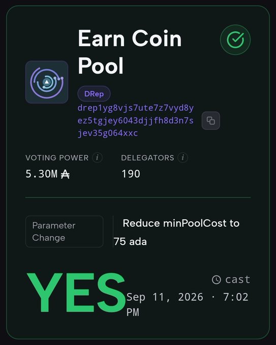 A dark-themed digital card for 'Earn Coin Pool' displaying a DRep address, voting power of 5.30M, 190 delegators, and a parameter change to 'Reduce minPoolCost to 75 ada' with a green 'YES' vote dated Sep 11, 2026.