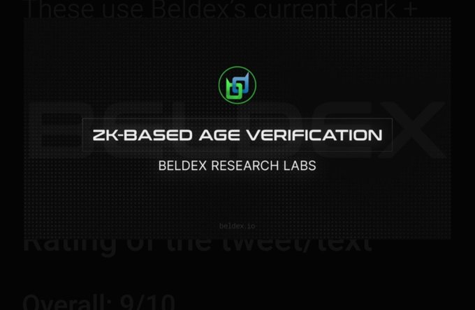 A graphic with a dark background featuring the Beldex logo and the text 'ZK-BASED AGE VERIFICATION' and 'BELDEX RESEARCH LABS'.