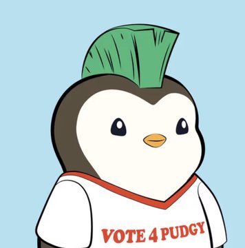 The image features a cartoon penguin wearing a white t-shirt with red trim, sporting a green spiky hairstyle. The penguin has a friendly expression and appears to be standing against a blue background. In the corner of the image, there is text that reads "Vote4Pudgy".