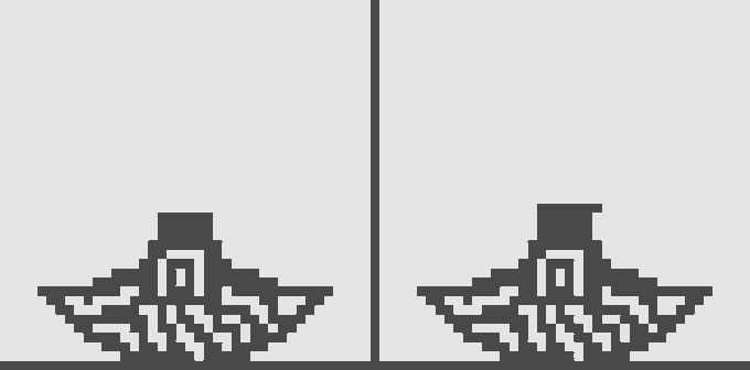 A black pixel-art graphic of a symmetrical bird or angel emblem repeated twice on a white background, separated by a vertical line.