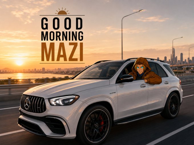 A composite image showing a silver Mercedes SUV driving on a bridge at sunset with a city skyline in the background, a character named 'MAZI' leaning out the window, and the text 'GOOD MORNING MAZI' at the top.